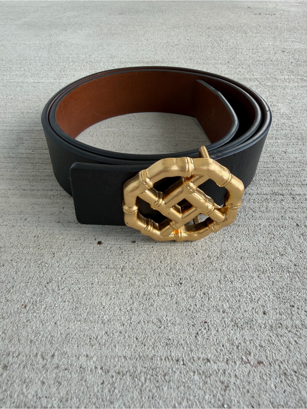 Jr Laughlin Black Leather Belt Gold Bamboo Buckle Size S 38” Wide StatementWaist
